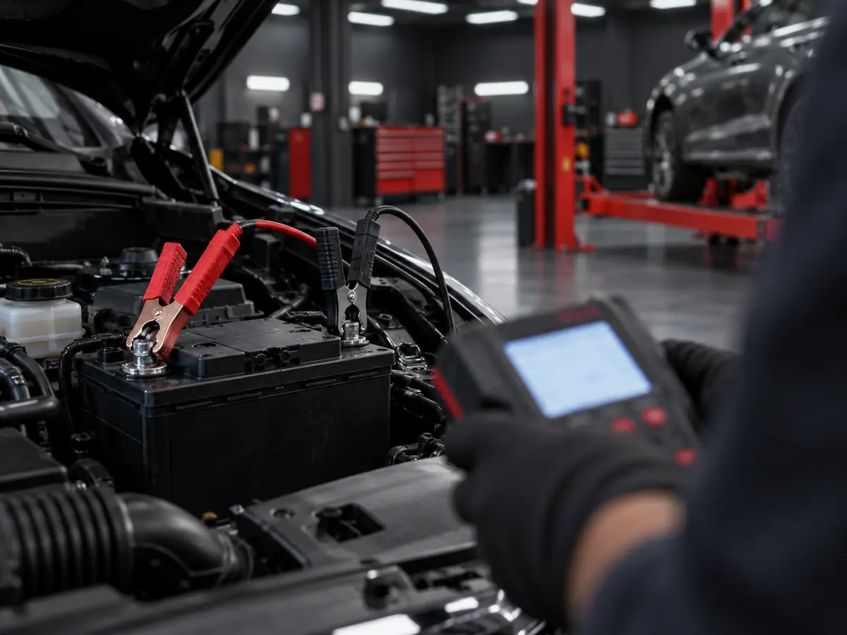 Pinzas de un probador conectadas a una batería de auto