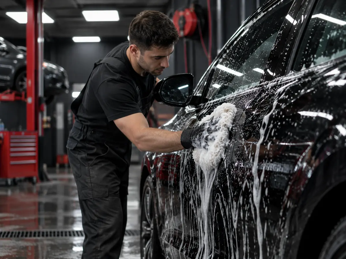 Black car being hand-washed with white foam
