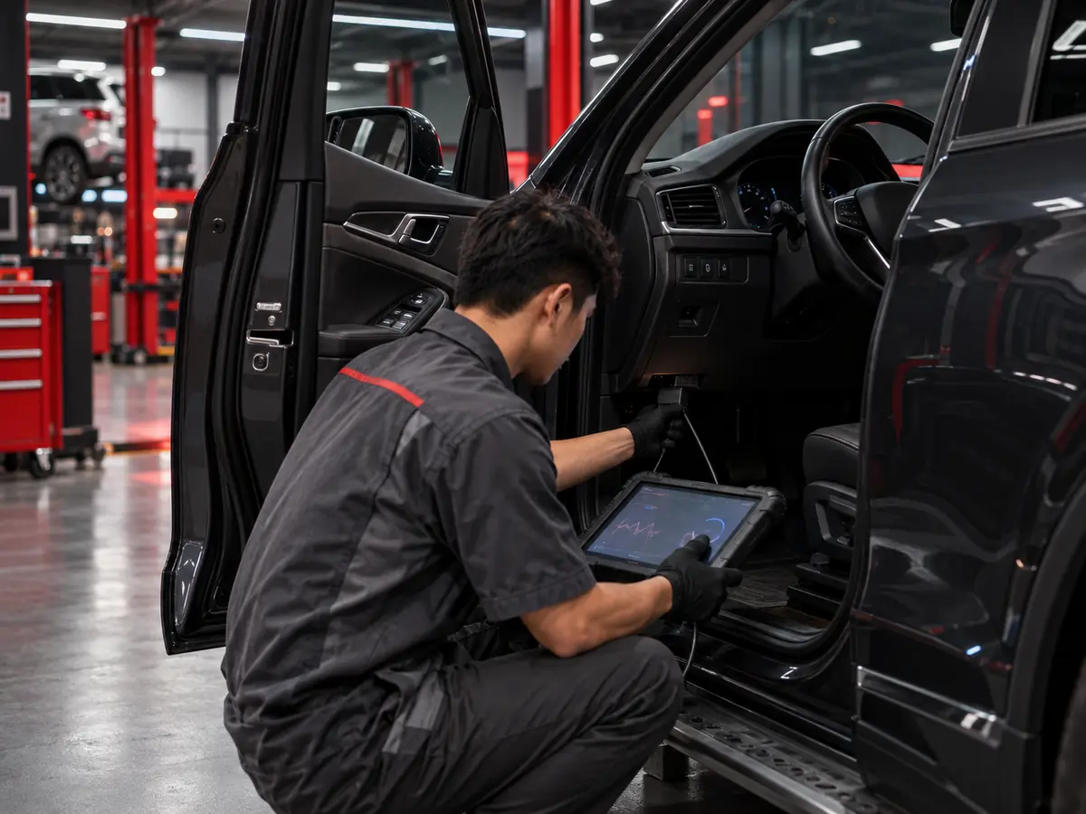 Técnico conectando un escáner de diagnóstico dentro del vehículo