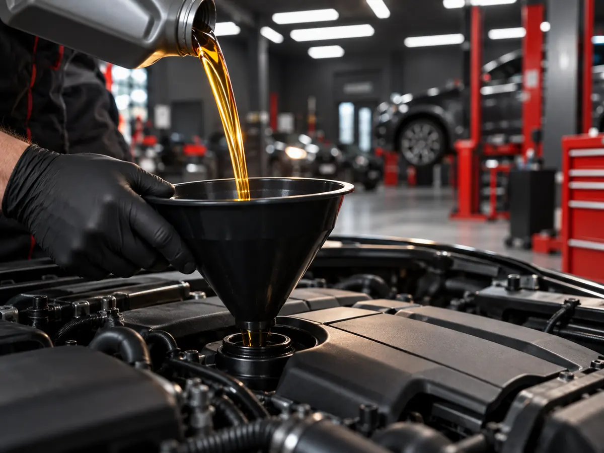 Fresh motor oil being poured into an engine